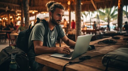 Digital nomads are people who travel freely while working remotely - obrazy, fototapety, plakaty