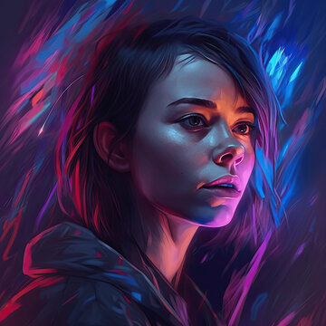 Colorful techno music album cover with a DJ isolated from a dark background with sci-fi elements