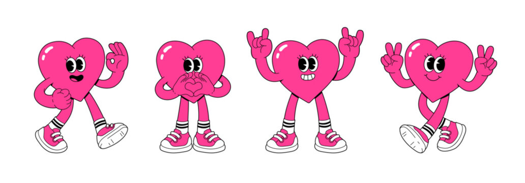 Cartoon heart characters. Cute love symbols with faces different poses hands and feet. Playful cheeky happy hearts in trendy retro comic style. Love concept in pink magenta color. Happy Valentines day