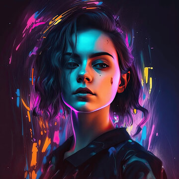 Colorful techno music album cover with a DJ isolated from a dark background with sci-fi elements