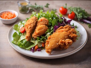 Fototapeta premium Free photo crispy fried chicken on a plate with salad and carrot