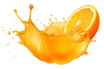 Zelfklevend Fotobehang Orange juice splash isolated on transparent background PNG © Mei Chen