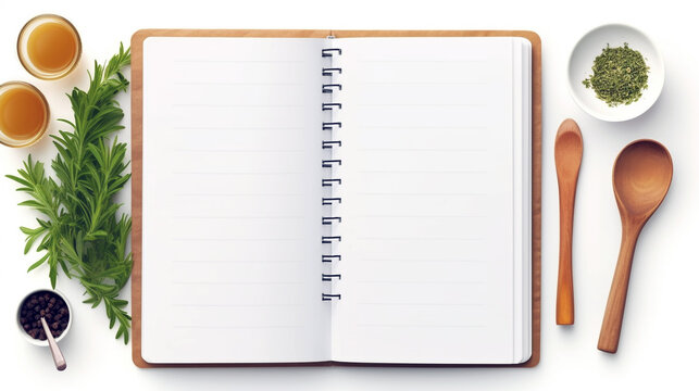 Find culinary inspiration within the pages of an open recipe book, featuring ingredients and kitchen utensils for delicious creations.