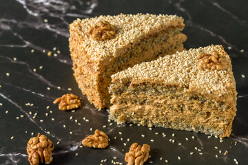 Walnut and poppy seed cake. Close up
