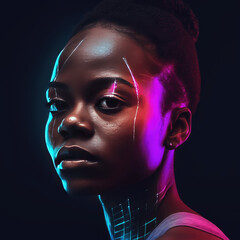 Colorful techno music album cover with a DJ isolated from a dark background with sci-fi elements
