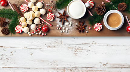 Explore a top-down view of a hot cocoa station filled with an assortment of flavors for ultimate warmth and comfort.