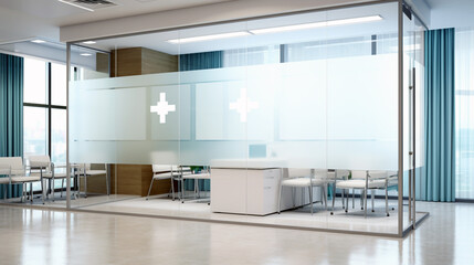 Explore a nurses' station with a prominent medical cross decal on glass, a central hub for healthcare in the clinic.