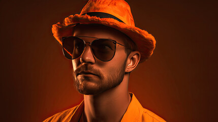 A portrait of a man dressed in a orange outfit while wearing a sunglasses isolated on a dark background