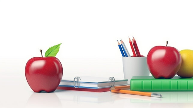 Explore the essentials of a teacher's desk with a symbolic red apple and school supplies.