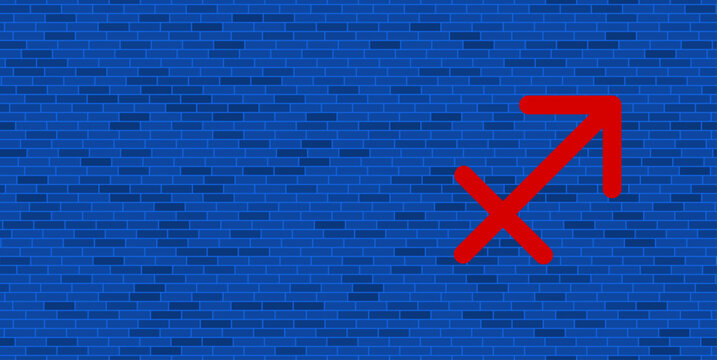 Blue Brick Wall with large red zodiac sagittarius symbol. The symbol is located on the right, on the left there is empty space for your content. Vector illustration on blue background