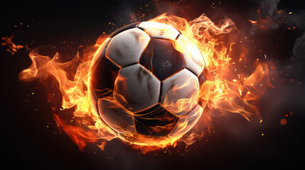 Soccer ball in the flames on a black background.