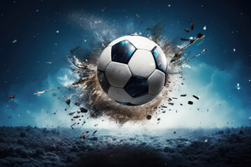 Naklejka premium Soccer ball breaking through the ground with smoke on ground