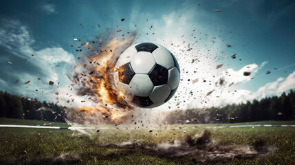 Soccer ball in fire and smoke on the field.