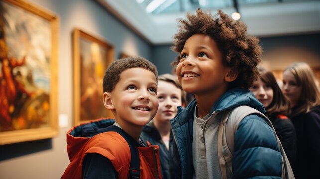School children in art gallery exhibitions enjoying modern or classic art