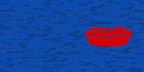 Blue Brick Wall with large red hotdog symbol. The symbol is located on the right, on the left there is empty space for your content. Vector illustration on blue background