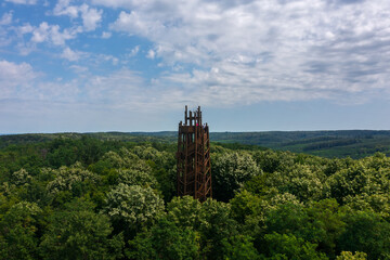 Aerial view about Zselic lookout tower next to star park observatory in Baranya county, Hungary.