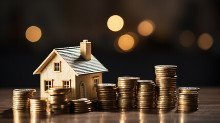 House model and coins stacks on wooden table, saving money for buy a house concept