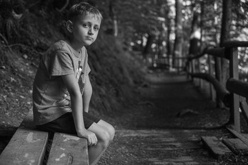 black and white photo, a cute little boy sits on a bench, looks at the camera in a green forest, in the summer. Rest and travel