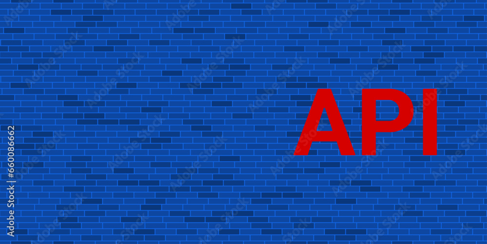 Poster blue brick wall with large red api symbol. the symbol is located on the right, on the left there is 