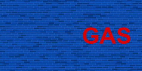 Blue Brick Wall with large red gas text symbol. The symbol is located on the right, on the left there is empty space for your content. Vector illustration on blue background