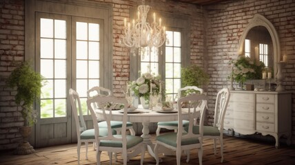 Fototapeta na wymiar Interior design inspiration of Farmhouse Shabby Chic style home dining room loveliness decorated with Wood and Brick material and Accent Wall .Generative AI home interior design .
