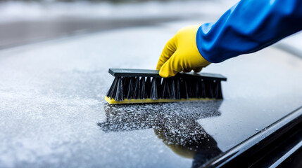 Witness effective snow removal as a hand skillfully uses a squeegee to clear snow from a car, ensuring safe driving. - obrazy, fototapety, plakaty