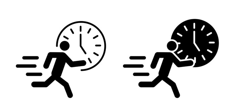Don't forget or miss the deadline concept. Human running. Rushed, belated for work. Be lated businessman sign. Deadlines, stress plan. Sport, runner icon  running on time. Run with clock.