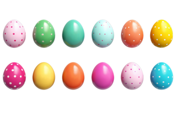 Set / Collection of Colorful Easter Eggs isolated on transparent background. Multicolor decorative design. Holiday April traditional celebration. PNG.
