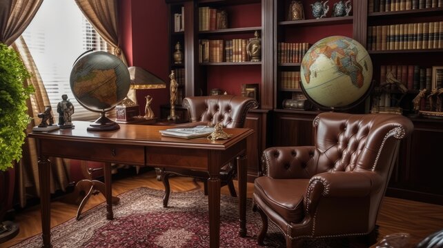 Inspiring office interior design Traditional style Study Room featuring Antique furniture architecture. Generative AI AIG 31.