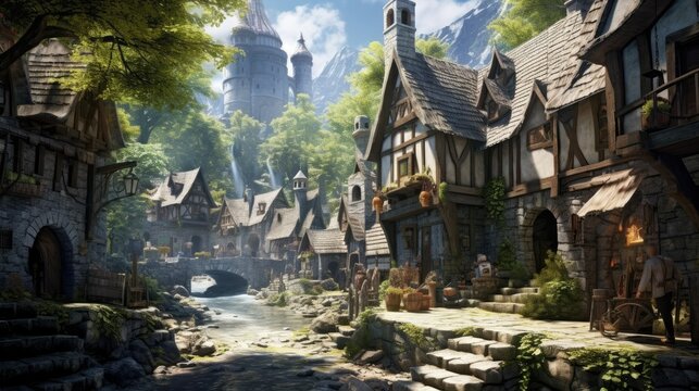 Medieval fantasy town on a sunny day.