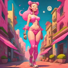 girl in the city in pink