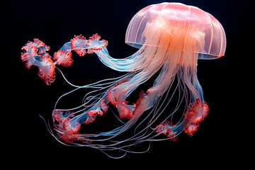 A jellyfish that is floating in the dark water. Generative AI