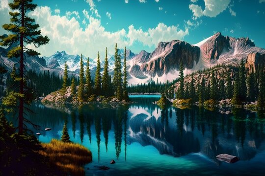 beautiful mountain lake view azure sky pine forest maximalism ultradetailed photorealistic photo effect 