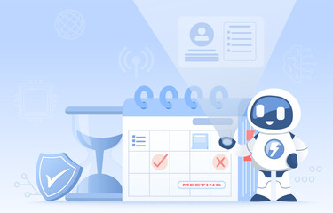Artificial Intelligence (AI) technology and time management concept. Display daily schedules and appointments, reminders and send notifications. Flat vector design illustration.