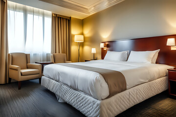 Well maintained luxury hotel room with clean bed and decorative interior