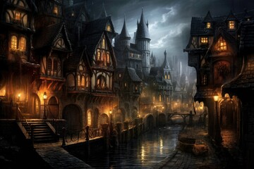 Fototapeta premium Medieval fantasy town at night.