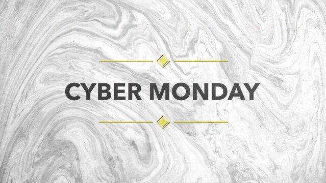 Cyber Monday text on marble texture with gold shapes, motion abstract holidays, business and corporate style background