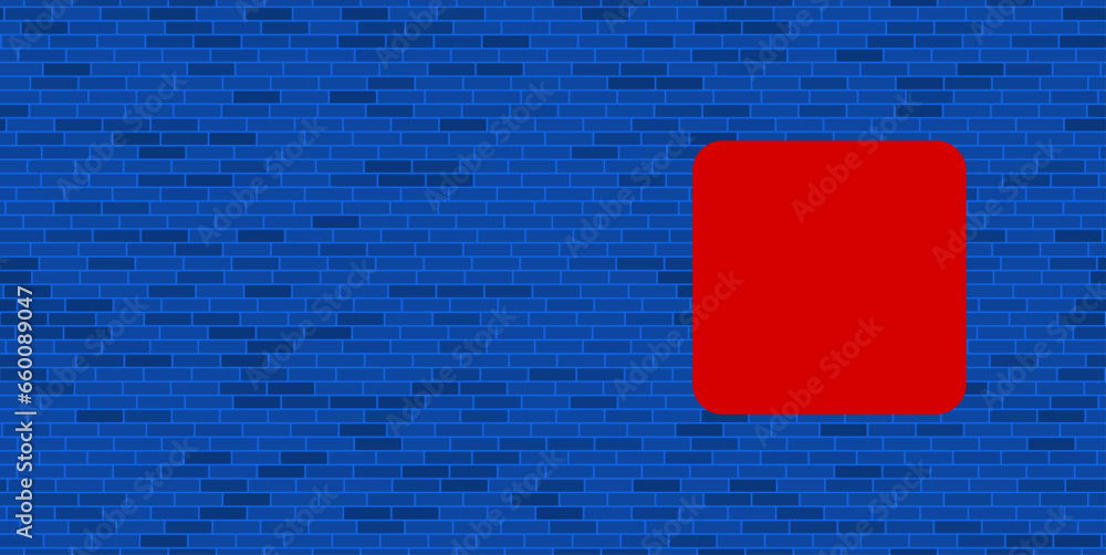 Poster blue brick wall with large red rounded square symbol. the symbol is located on the right, on the lef