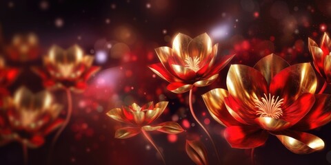 Beautiful abstract red and gold night photo floral design background banner. beautiful Generative AI AIG32