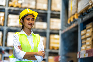 Young asian woman worker in factory warehouse, Staff check stock girl prepares shipping goods and packaging products to customer.