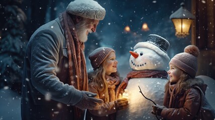 Grandfather and granddaughters enjoying together with a snowman