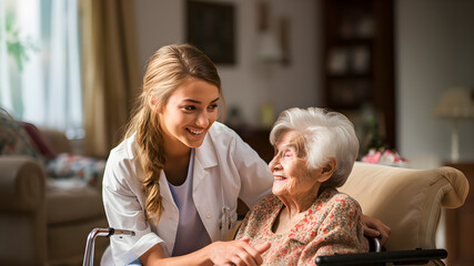 Nurse caring for an elderly woman at home. Support from a geriatric physician or a nursing and elderly caregiver. Health care. - obrazy, fototapety, plakaty
