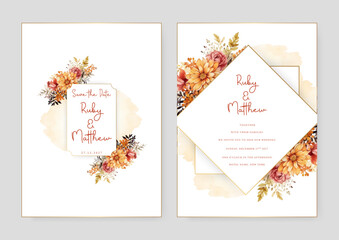 Orange peony set of wedding invitation template with shapes and flower floral border