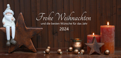 Weihnachtskarte mit deutschem Text Frohe Weihnachten und die besten Wünsche für das Jahr 2024....
