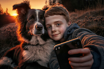 Niño sonriente con su perro Border Collie, sosteniendo un teléfono móvil y tomándose un selfie. La luz del sol se filtra por detrás, creando una atmósfera cálida.  - obrazy, fototapety, plakaty