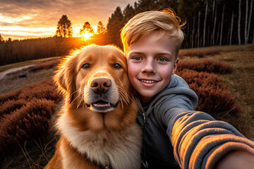 Momento feliz y espontáneo de un niño sonriente, mirando a la cámara con el brazo extendido tomándose un selfie junto a su perro Golden Retriever.  - obrazy, fototapety, plakaty