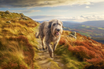 This adorable canine, a purebred wolfhound, exudes charm and beauty against the backdrop of lush green grass while on a delightful outdoor stroll.