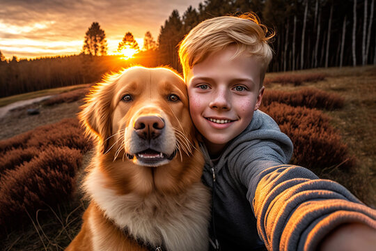 Momento feliz y espont&aacute;neo de un ni&ntilde;o sonriente, mirando a la c&aacute;mara con el brazo extendido tom&aacute;ndose un selfie junto a su perro Golden Retriever. 