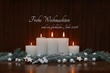 Weihnachtskarte mit deutschem Text Frohe Weihnachten und ein glückliches Jahr 2024....