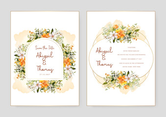 Orange and white rose and poppy elegant wedding invitation card template with watercolor floral and leaves